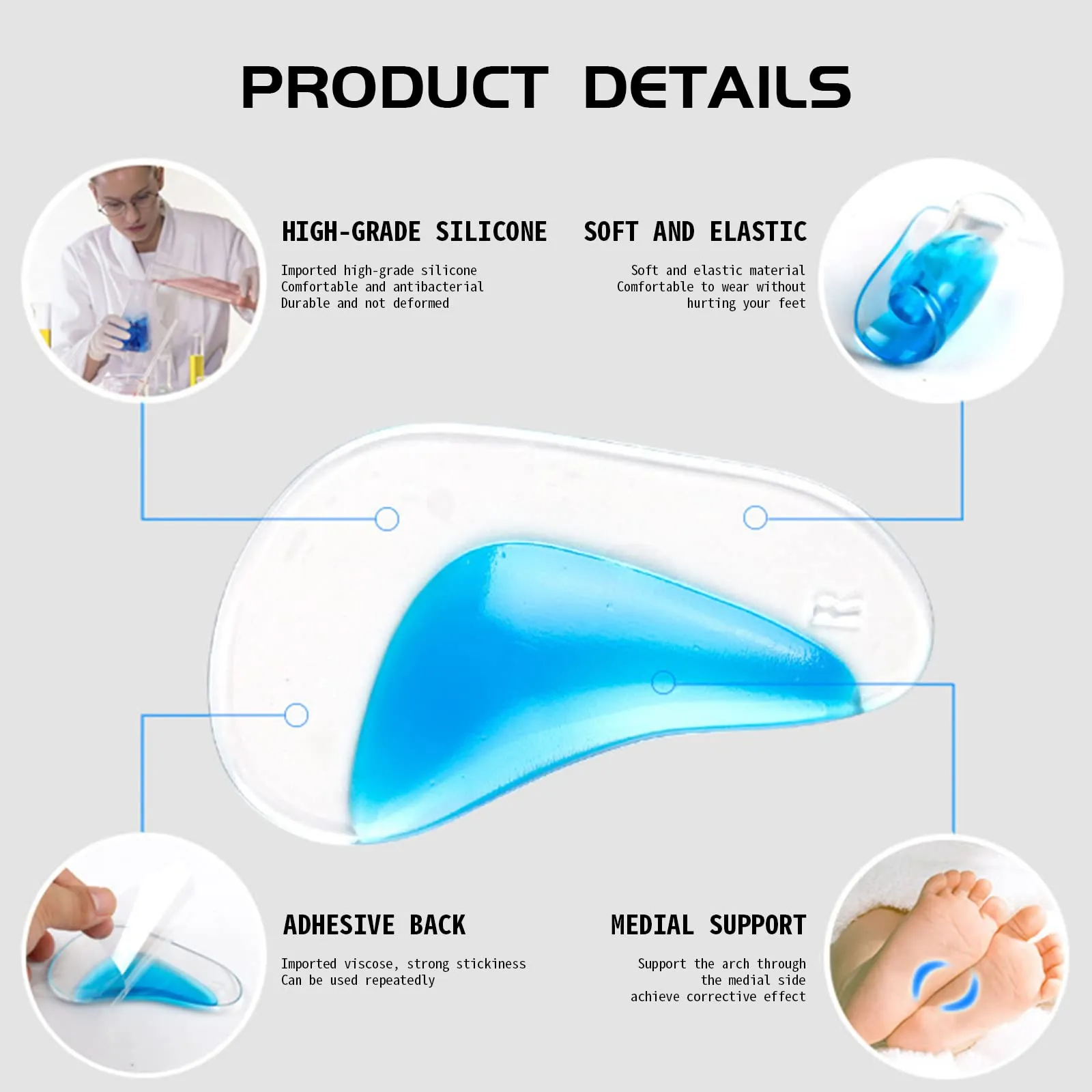 2 Pairs High Arch Support Insoles Gel Insoles Orthopedic Flat Feet Insoles Plantar Fasciitis Insoles High Heel Cushion Pads for Women Men (Blue) Blue