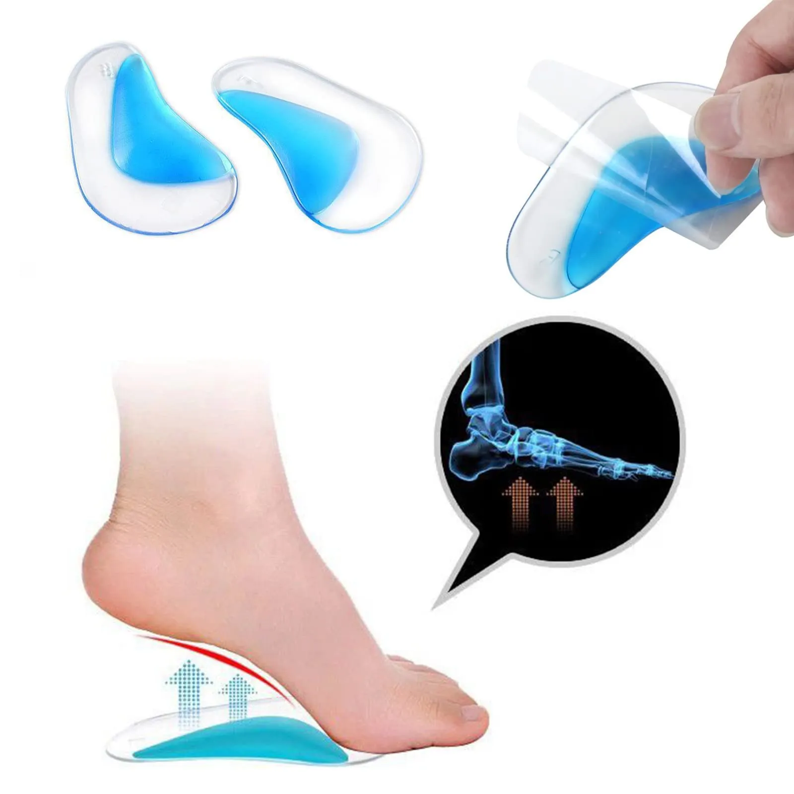 2 Pairs High Arch Support Insoles Gel Insoles Orthopedic Flat Feet Insoles Plantar Fasciitis Insoles High Heel Cushion Pads for Women Men (Blue) Blue