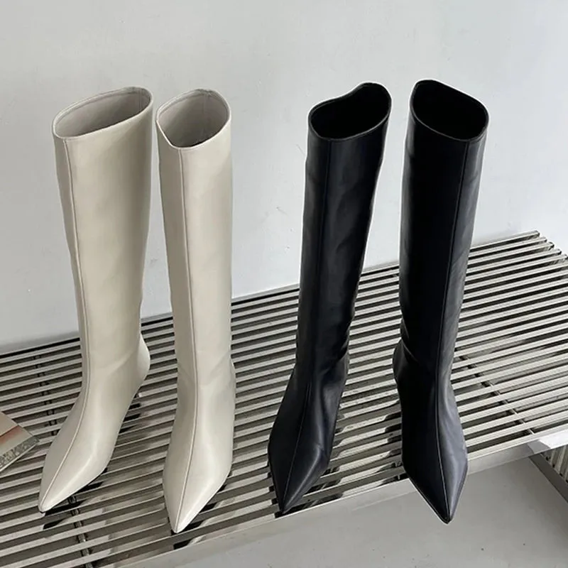 2024 Fashion Women's Pointed Low Heel Knee-High Boots - PU Sewing Spring/Autumn Party & Western Style (Sizes 35-40)