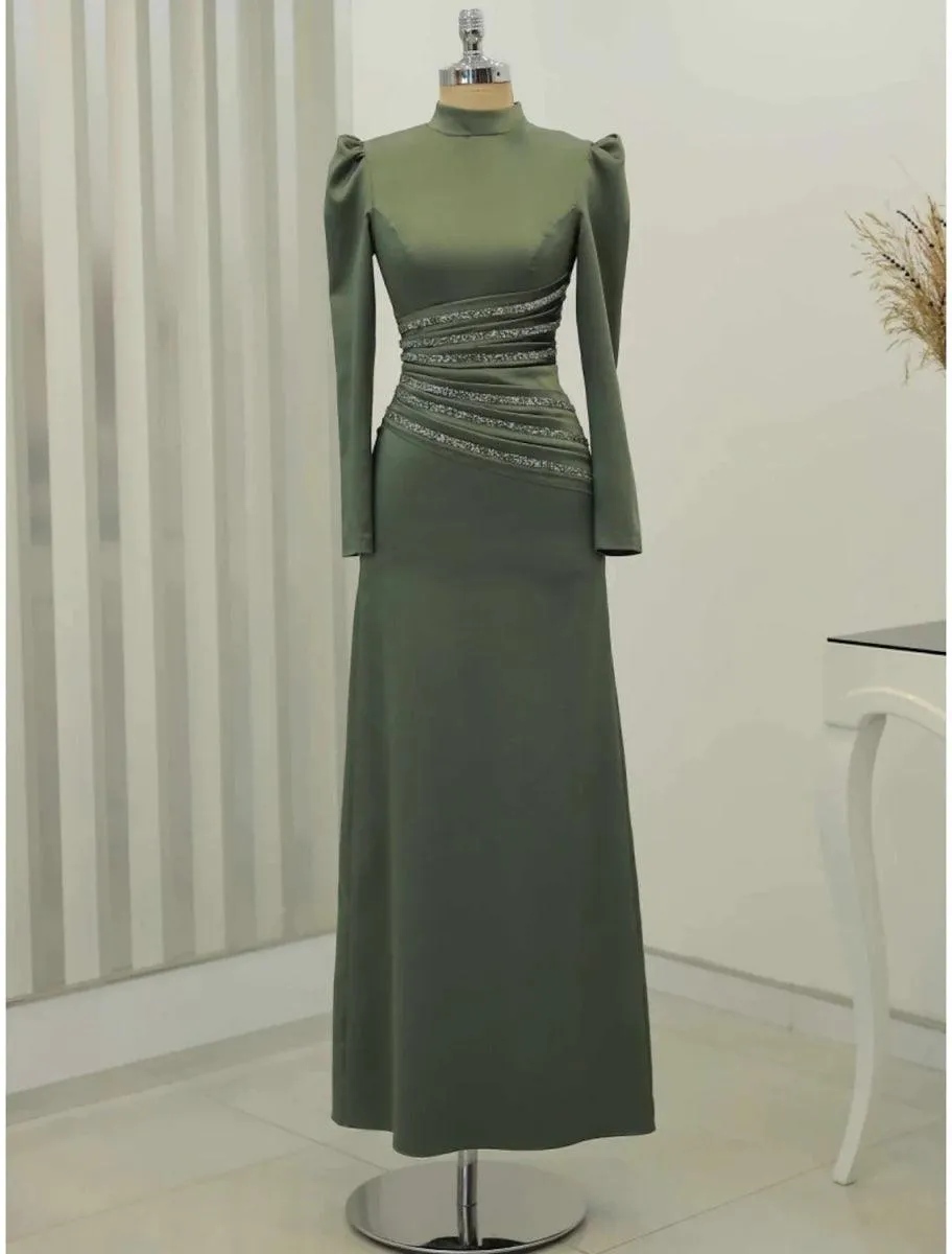 A-Line Evening Gown Christmas Elegant Dress Formal Ankle Length Long Sleeve High Neck Satin with Glitter Ruched