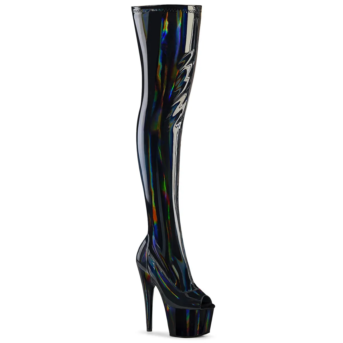 ADORE-3011HWR  Black Holo Open Toe Stripper Boot 7 Inch Heels