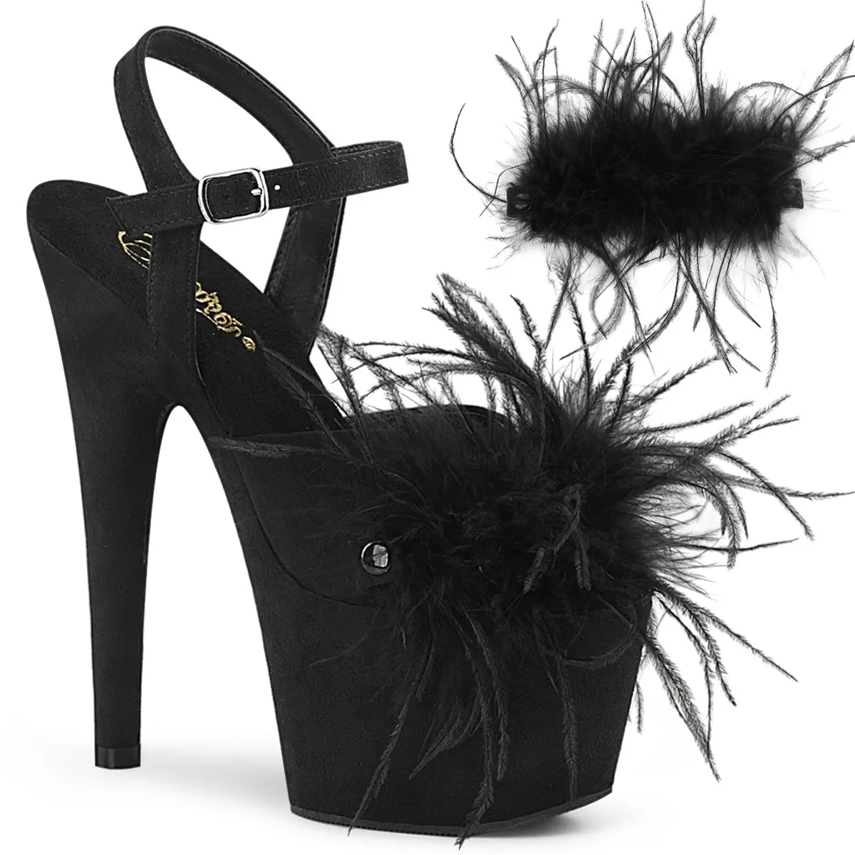 ADORE-709F Pleasers 7 Inch Heel Black Feather Pole Dancing Heels