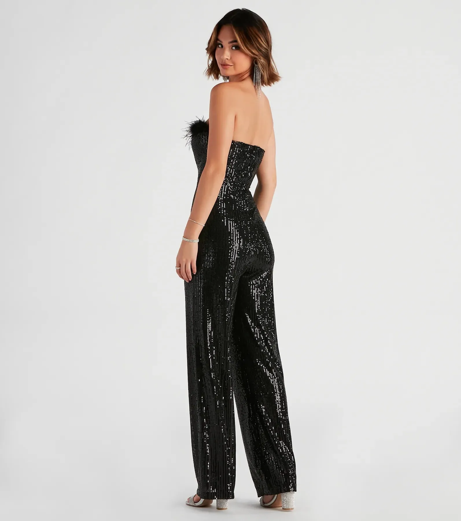 Always Fabulous Feather-Trim Sequin Jumpsuit