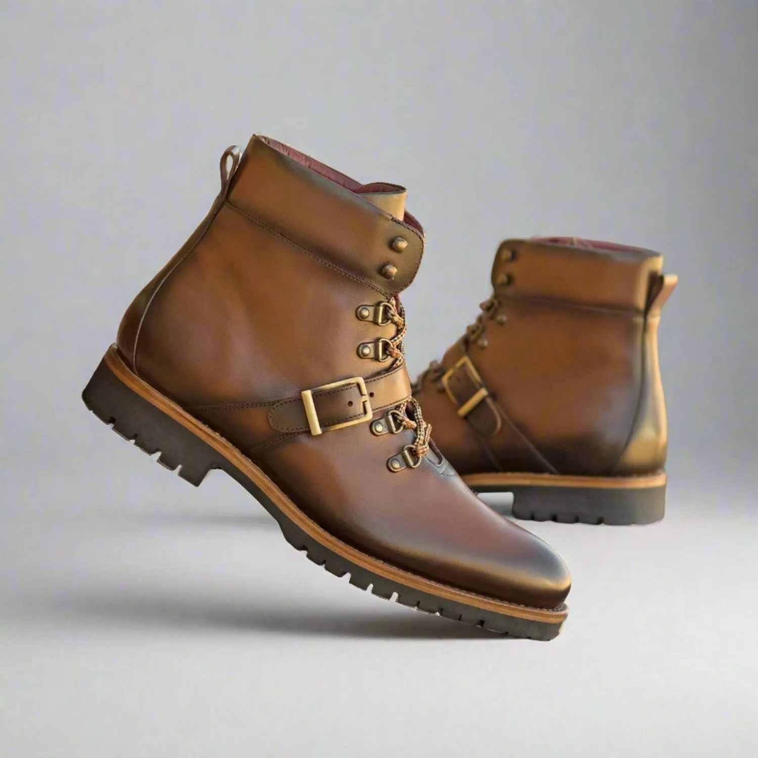 Ambrogio Bespoke Men's Shoes Brown Calf-Skin Leather Hiking Boots (AMB2355)