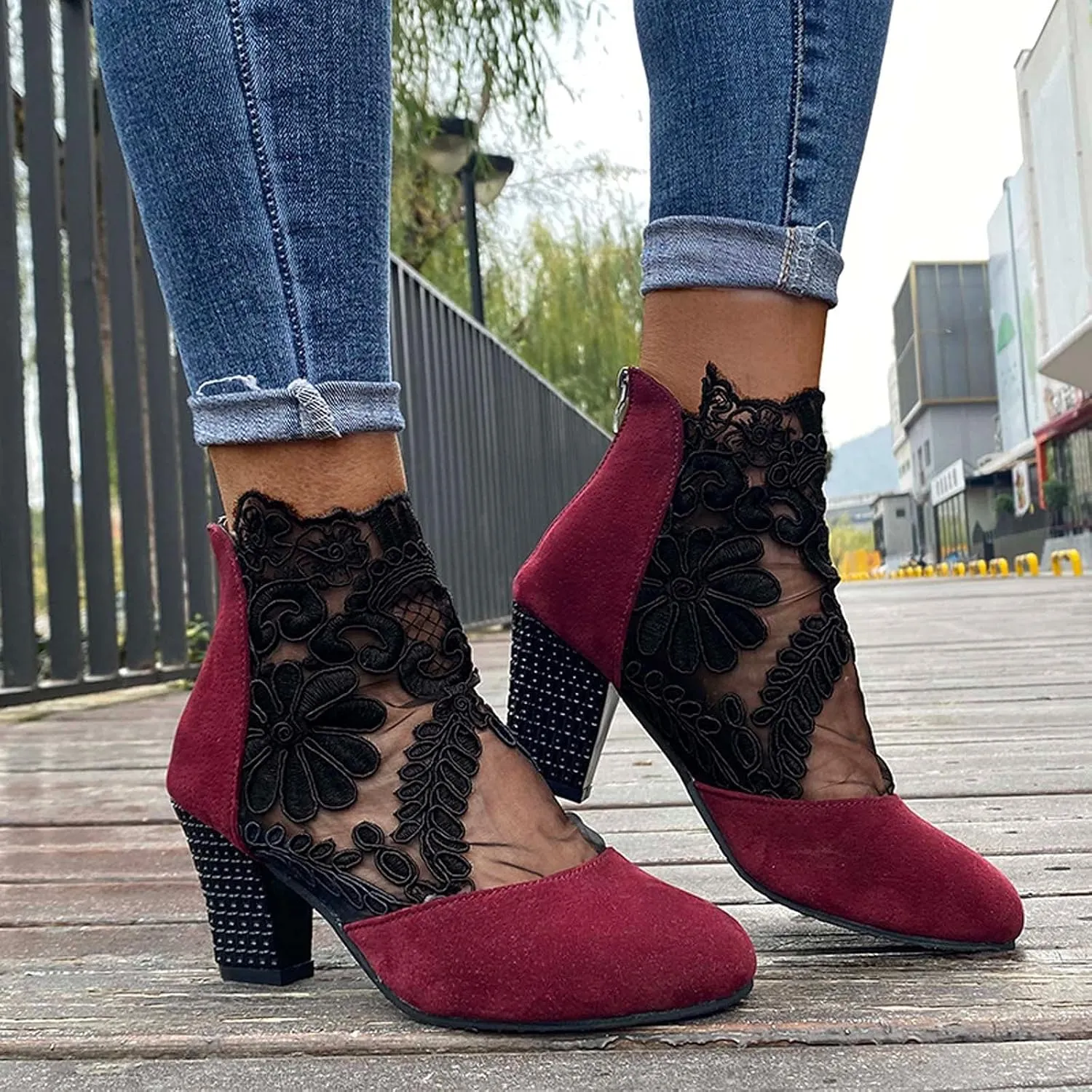 AMDBEL Chunky Heel Boots For Women Dressy Women's Boots Sexy Lace See-Through Boots Casual Breathable Ankle Boots with Heels