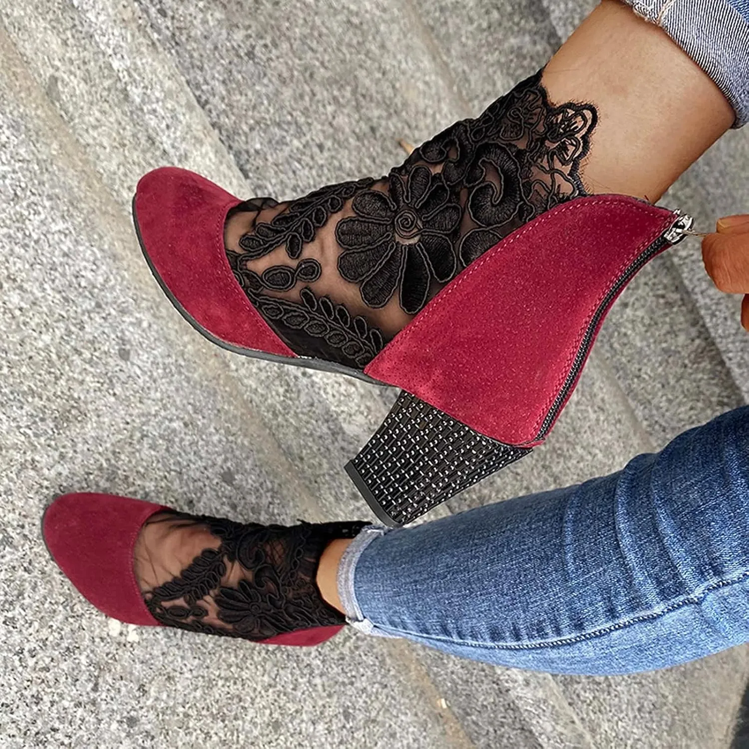 AMDBEL Chunky Heel Boots For Women Dressy Women's Boots Sexy Lace See-Through Boots Casual Breathable Ankle Boots with Heels