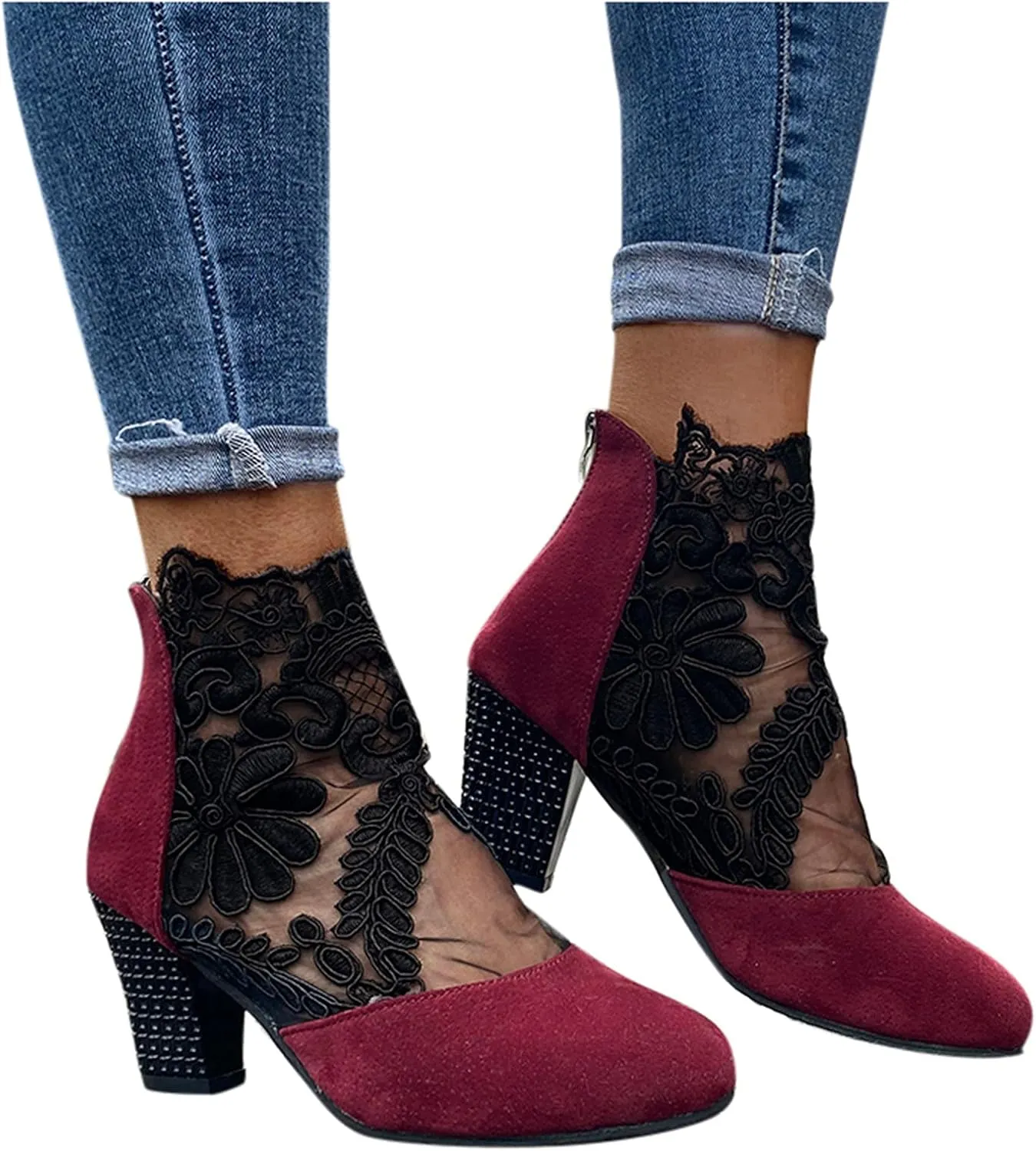 AMDBEL Chunky Heel Boots For Women Dressy Women's Boots Sexy Lace See-Through Boots Casual Breathable Ankle Boots with Heels