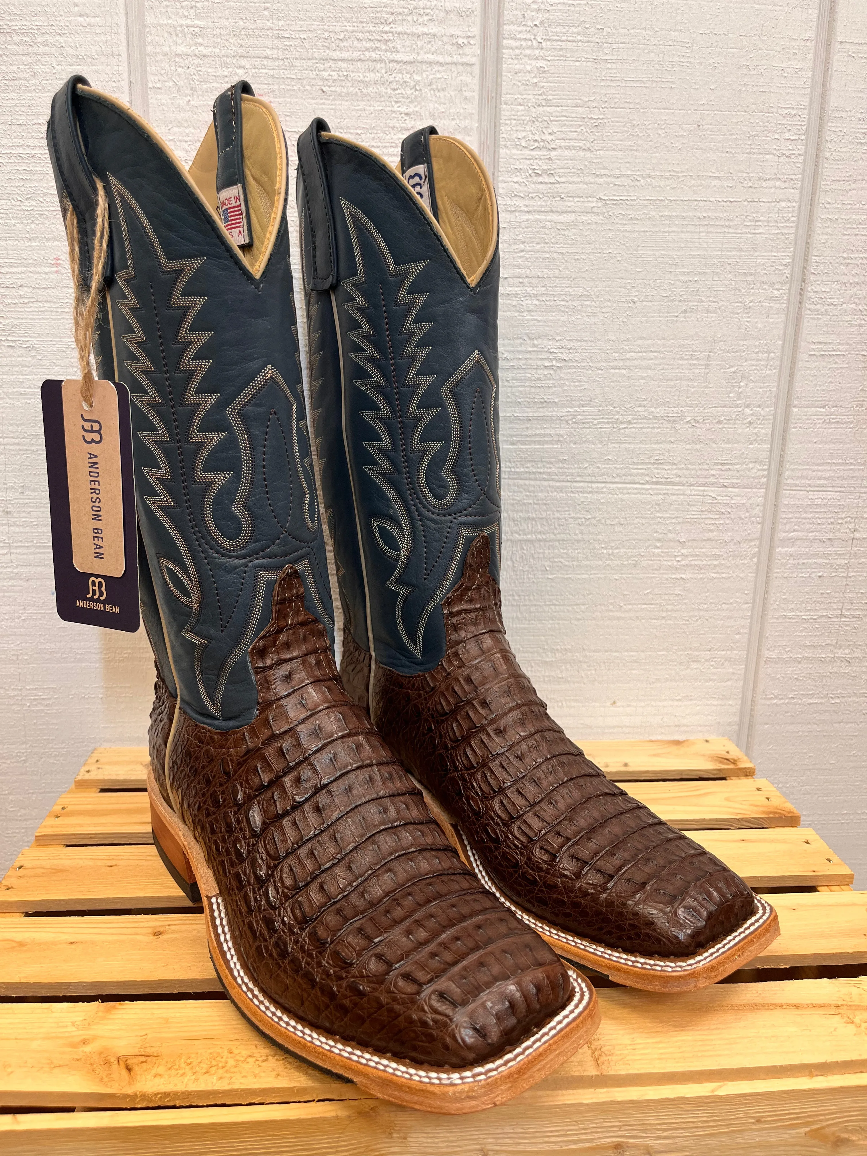 Anderson Bean Men's Chocolate Lux Caiman & Petrolia Bella Blue Square Toe Cowboy Boots 338112
