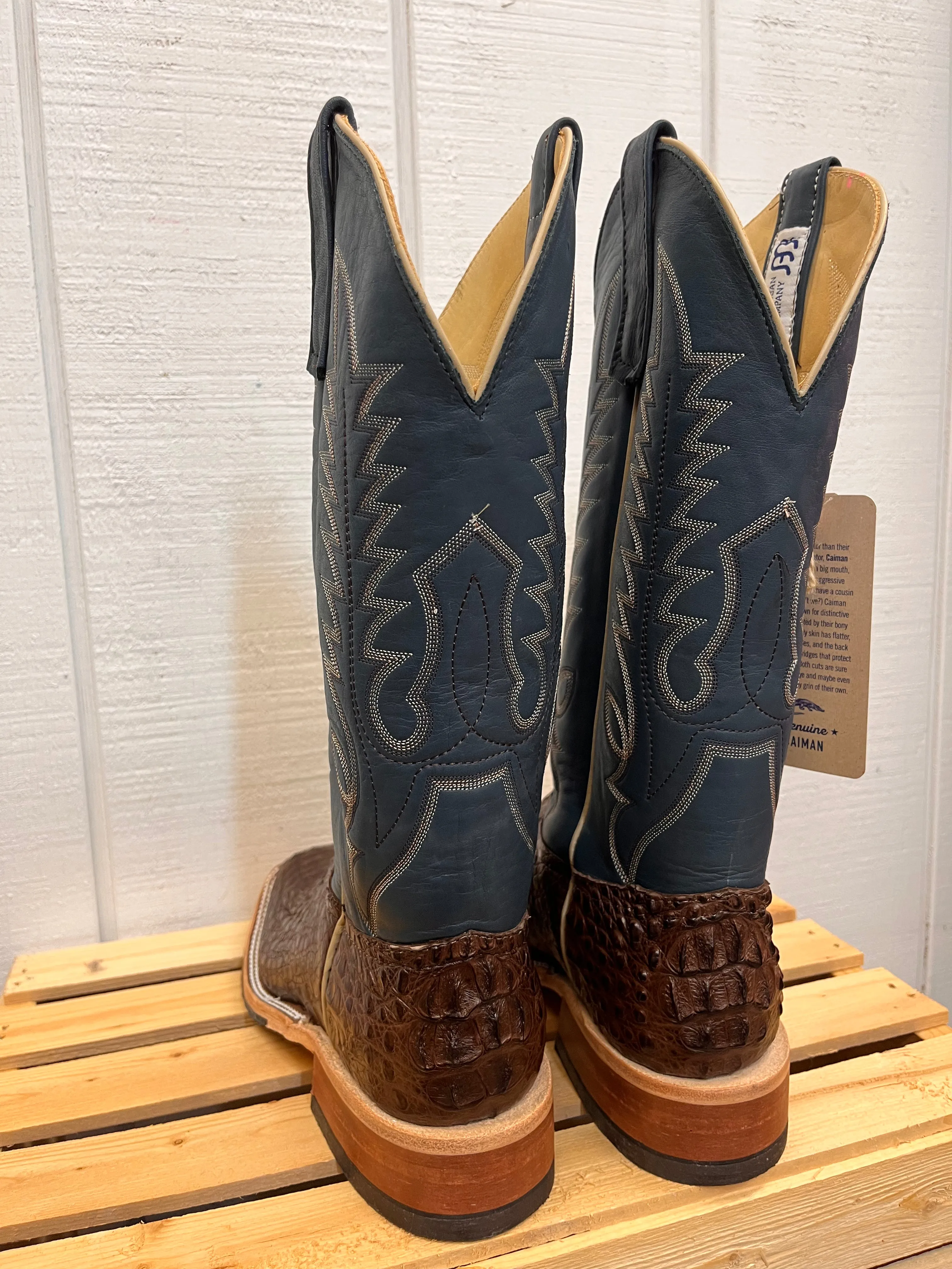 Anderson Bean Men's Chocolate Lux Caiman & Petrolia Bella Blue Square Toe Cowboy Boots 338112