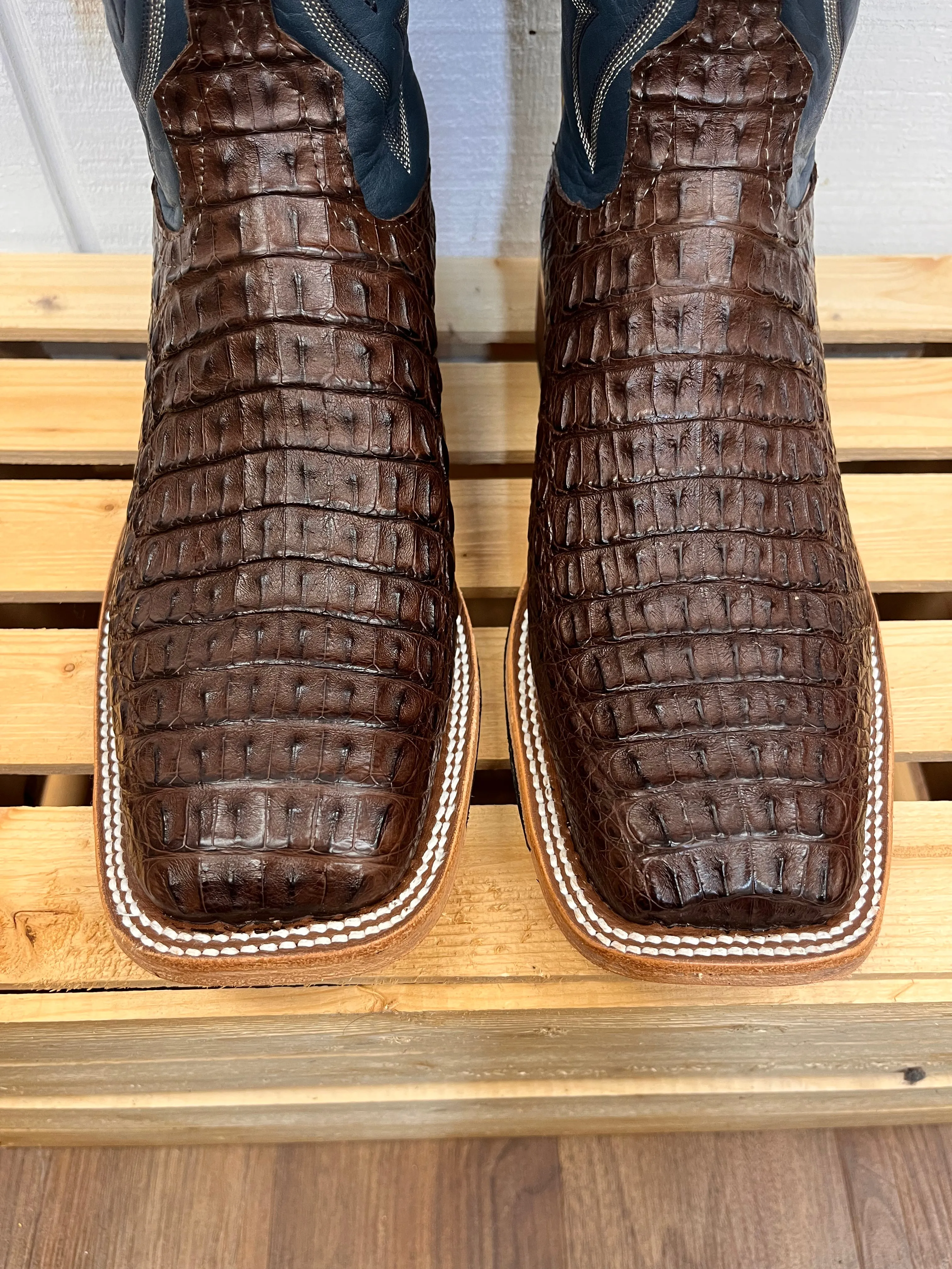 Anderson Bean Men's Chocolate Lux Caiman & Petrolia Bella Blue Square Toe Cowboy Boots 338112
