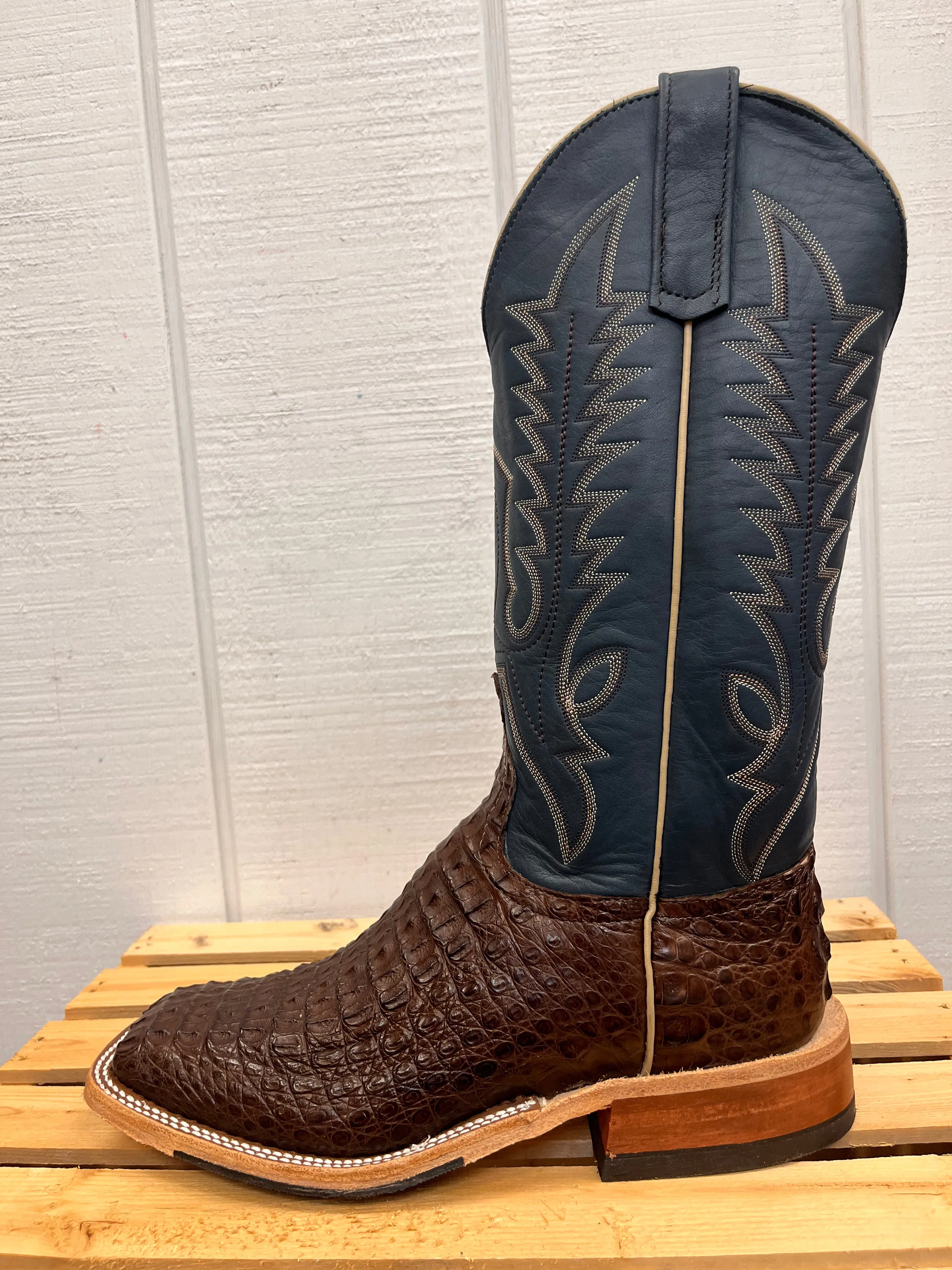 Anderson Bean Men's Chocolate Lux Caiman & Petrolia Bella Blue Square Toe Cowboy Boots 338112