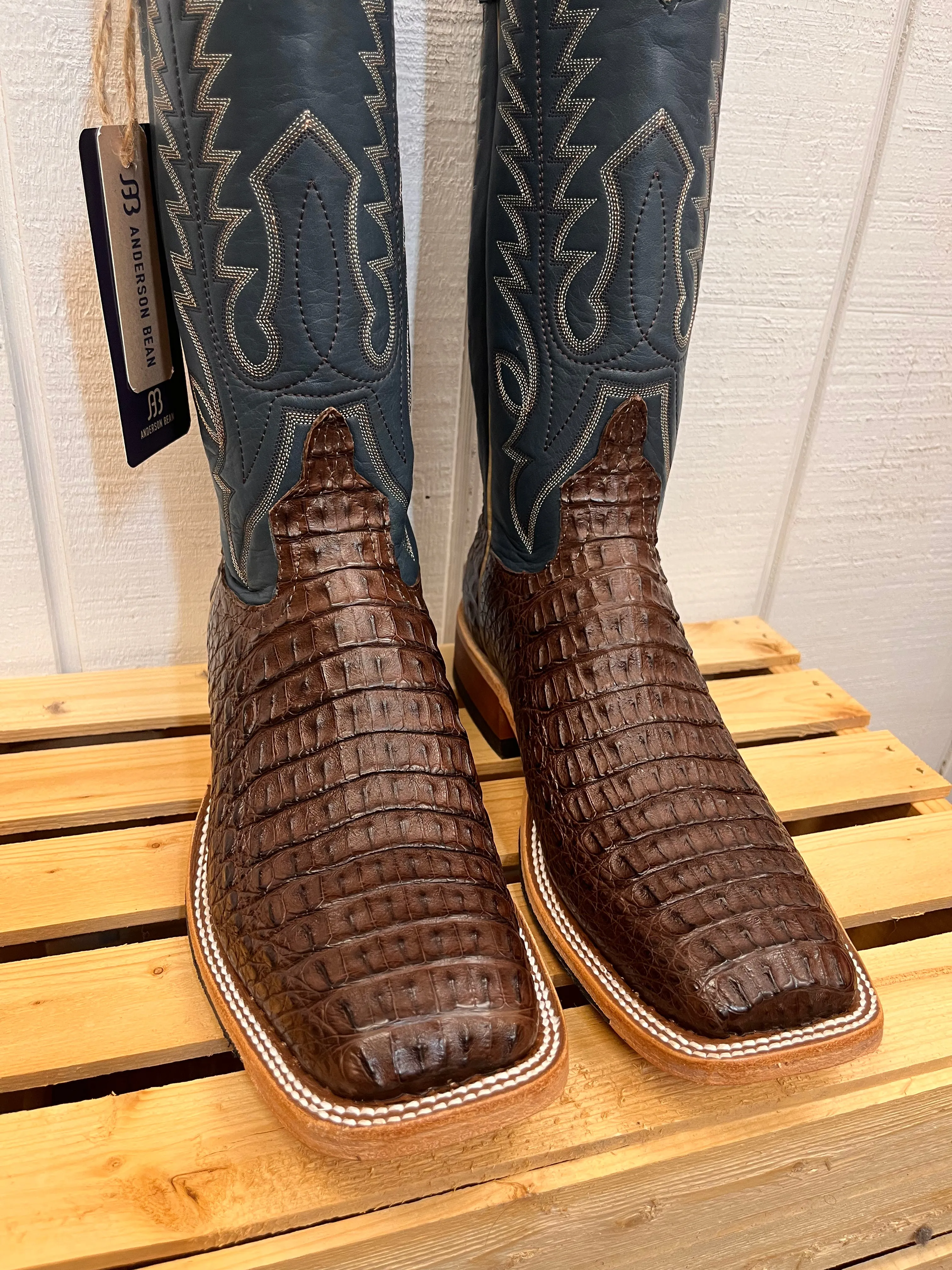 Anderson Bean Men's Chocolate Lux Caiman & Petrolia Bella Blue Square Toe Cowboy Boots 338112