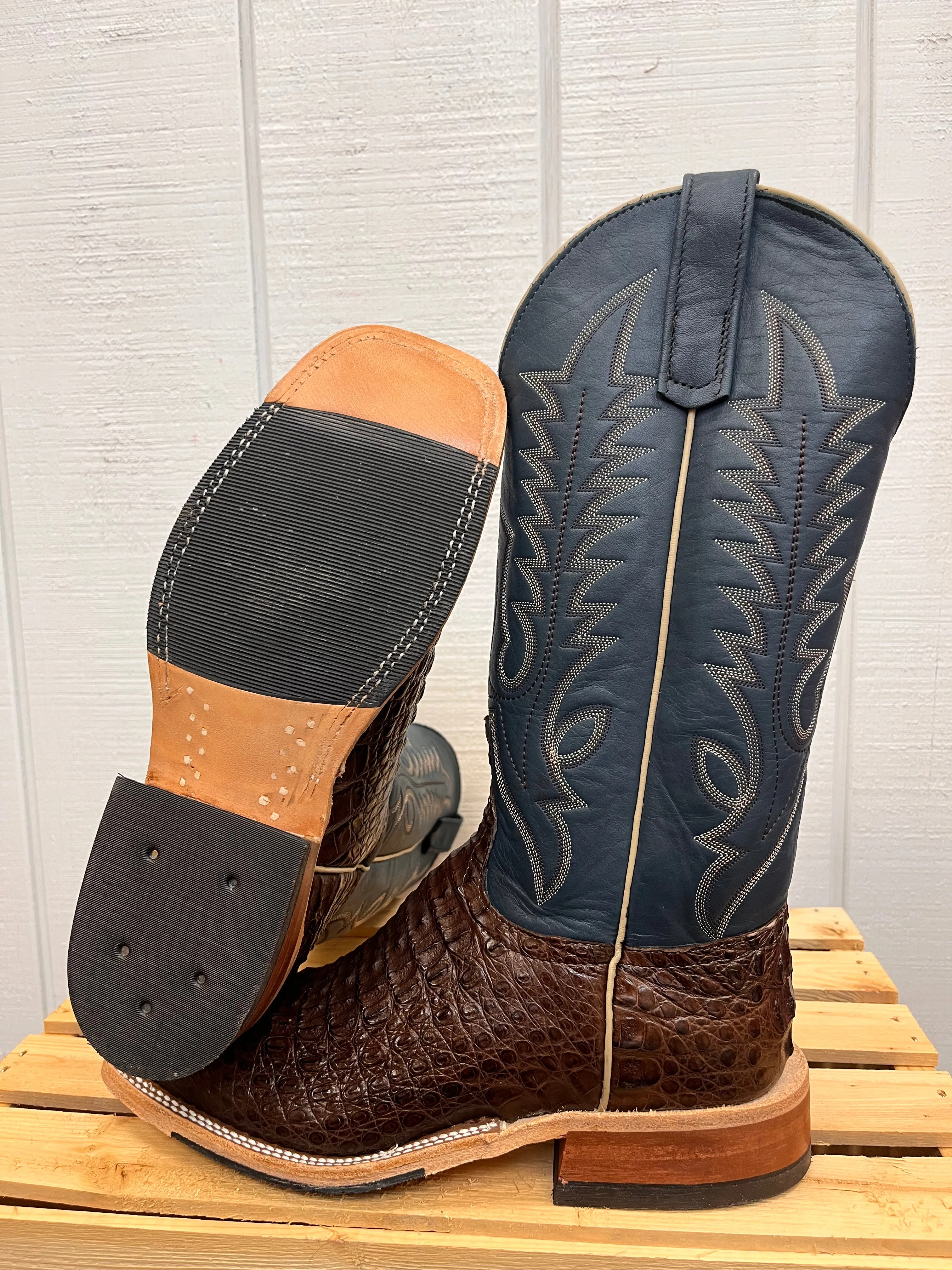 Anderson Bean Men's Chocolate Lux Caiman & Petrolia Bella Blue Square Toe Cowboy Boots 338112