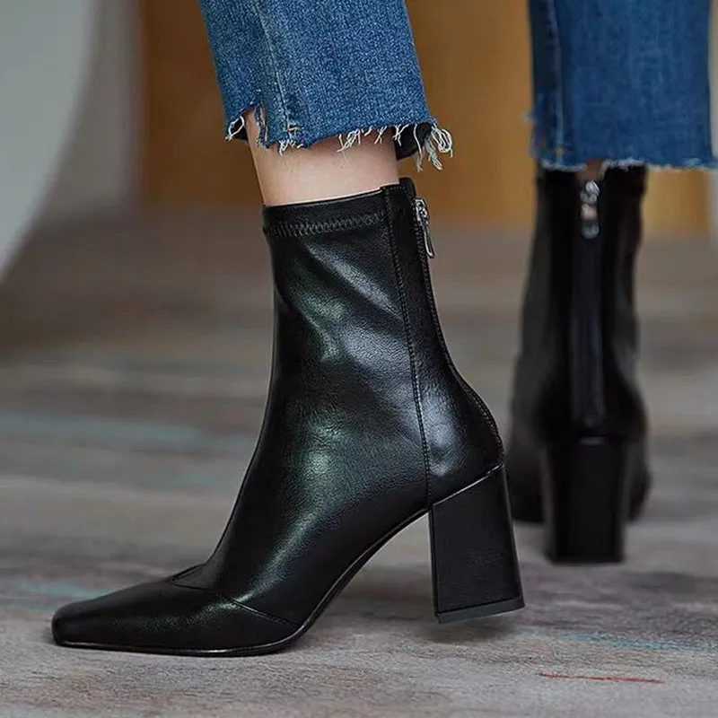 Ankle Boots for Women Brown Pu Leather Vintage Square Toe Booties Woman Back Zipper Office Shoes