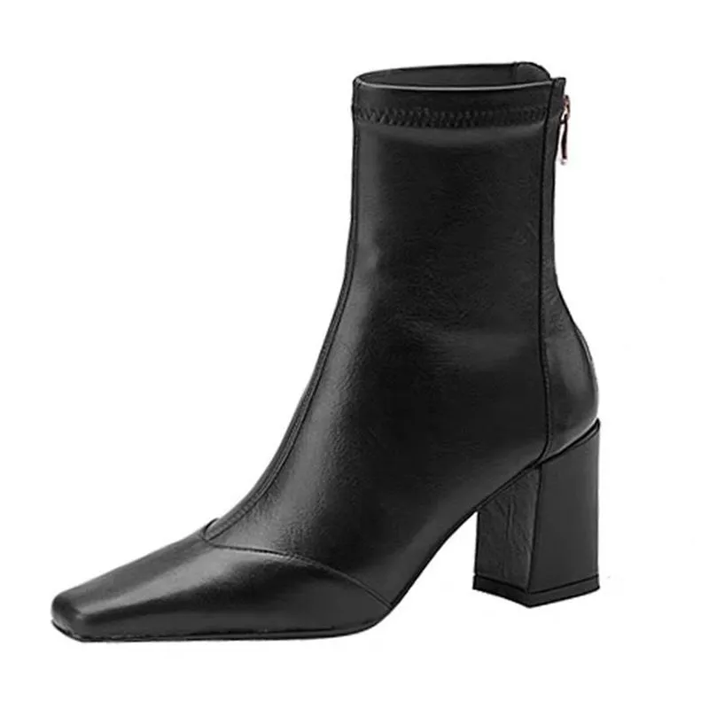 Ankle Boots for Women Brown Pu Leather Vintage Square Toe Booties Woman Back Zipper Office Shoes