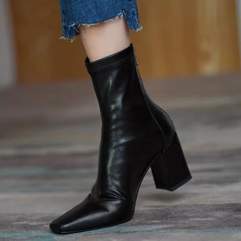 Ankle Boots for Women Brown Pu Leather Vintage Square Toe Booties Woman Back Zipper Office Shoes