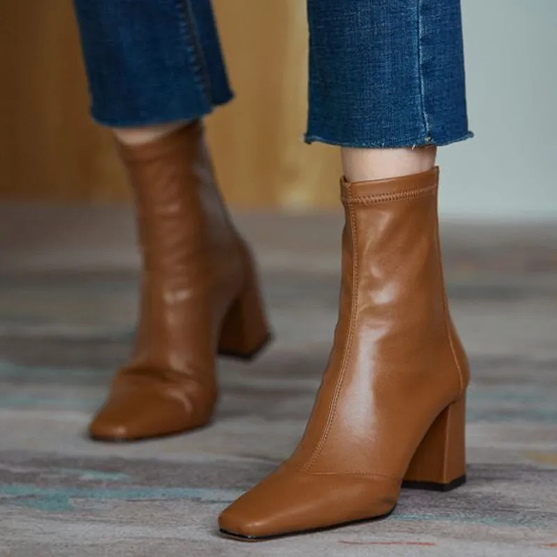 Ankle Boots for Women Brown Pu Leather Vintage Square Toe Booties Woman Back Zipper Office Shoes