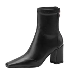 Ankle Boots for Women Brown Pu Leather Vintage Square Toe Booties Woman Back Zipper Office Shoes