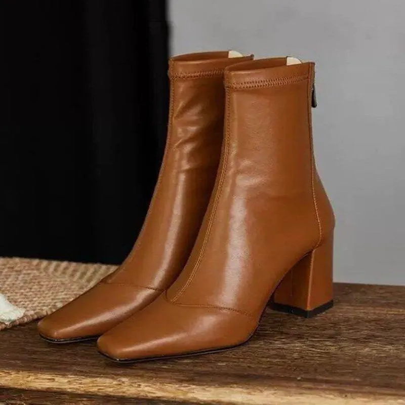Ankle Boots for Women Brown Pu Leather Vintage Square Toe Booties Woman Back Zipper Office Shoes