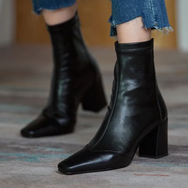 Ankle Boots for Women Brown Pu Leather Vintage Square Toe Booties Woman Back Zipper Office Shoes