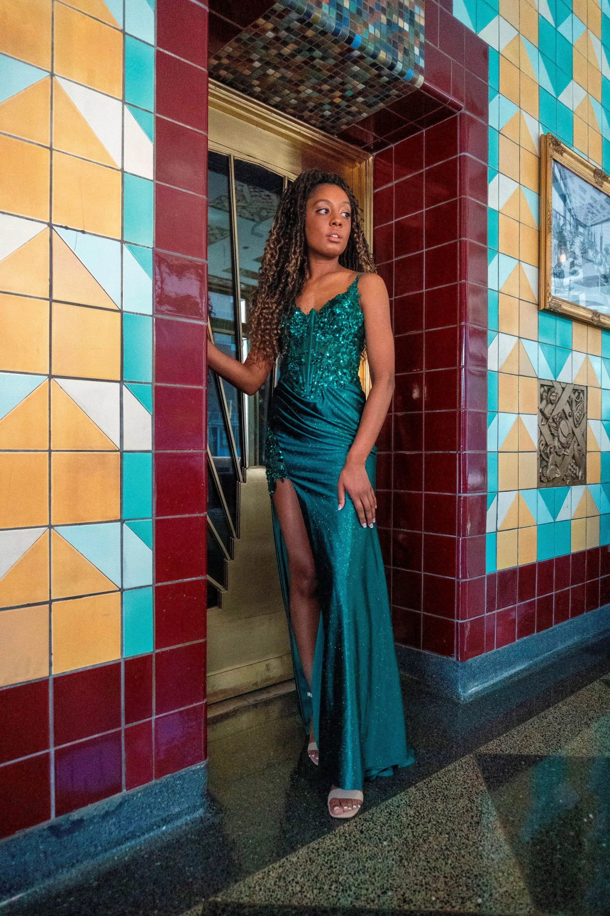 Applique Fitted Satin Glitter Slit Gown by Ladivine CDS439 - Outlet