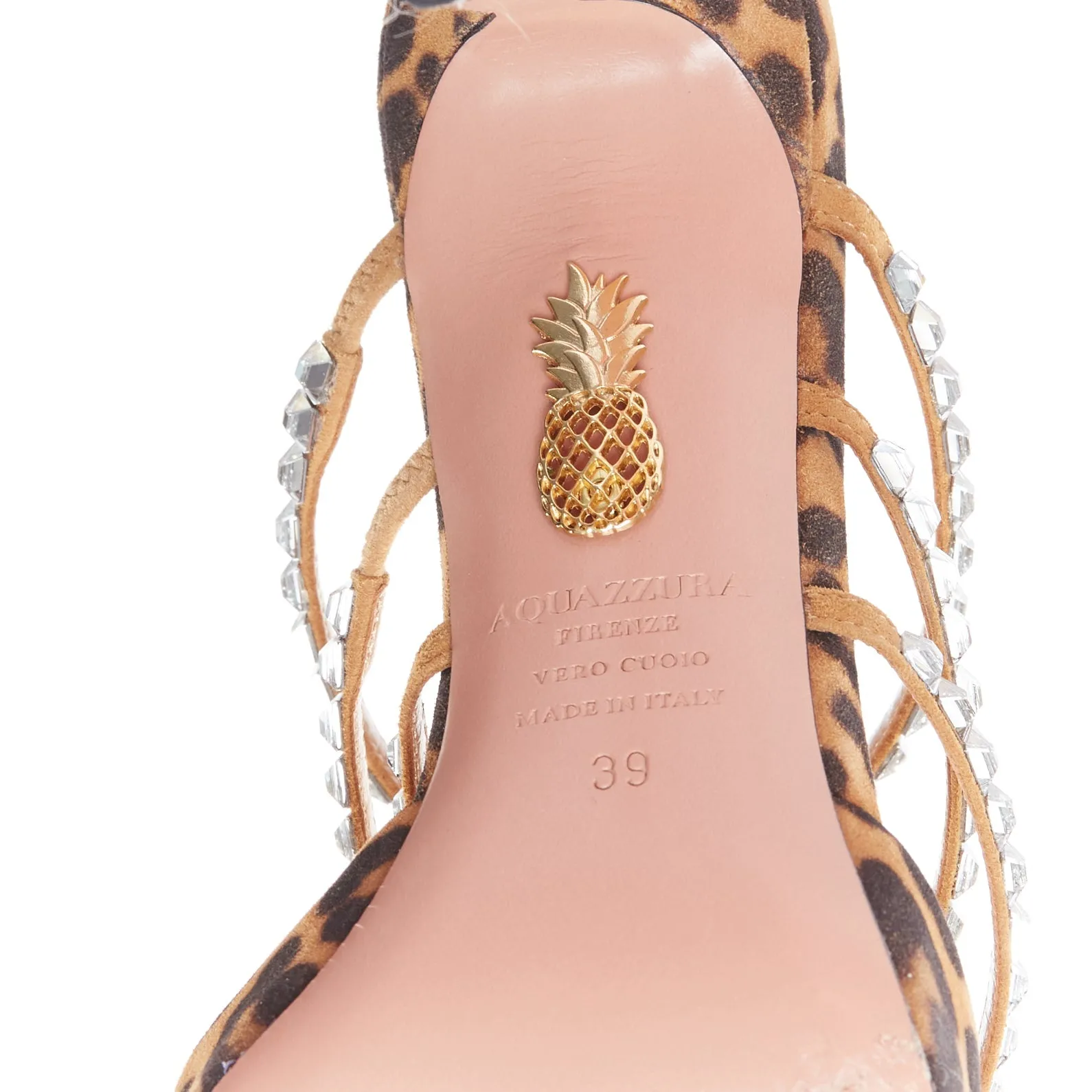 AQUAZZURA Donata brown leopard suede crystal straps mules EU39
