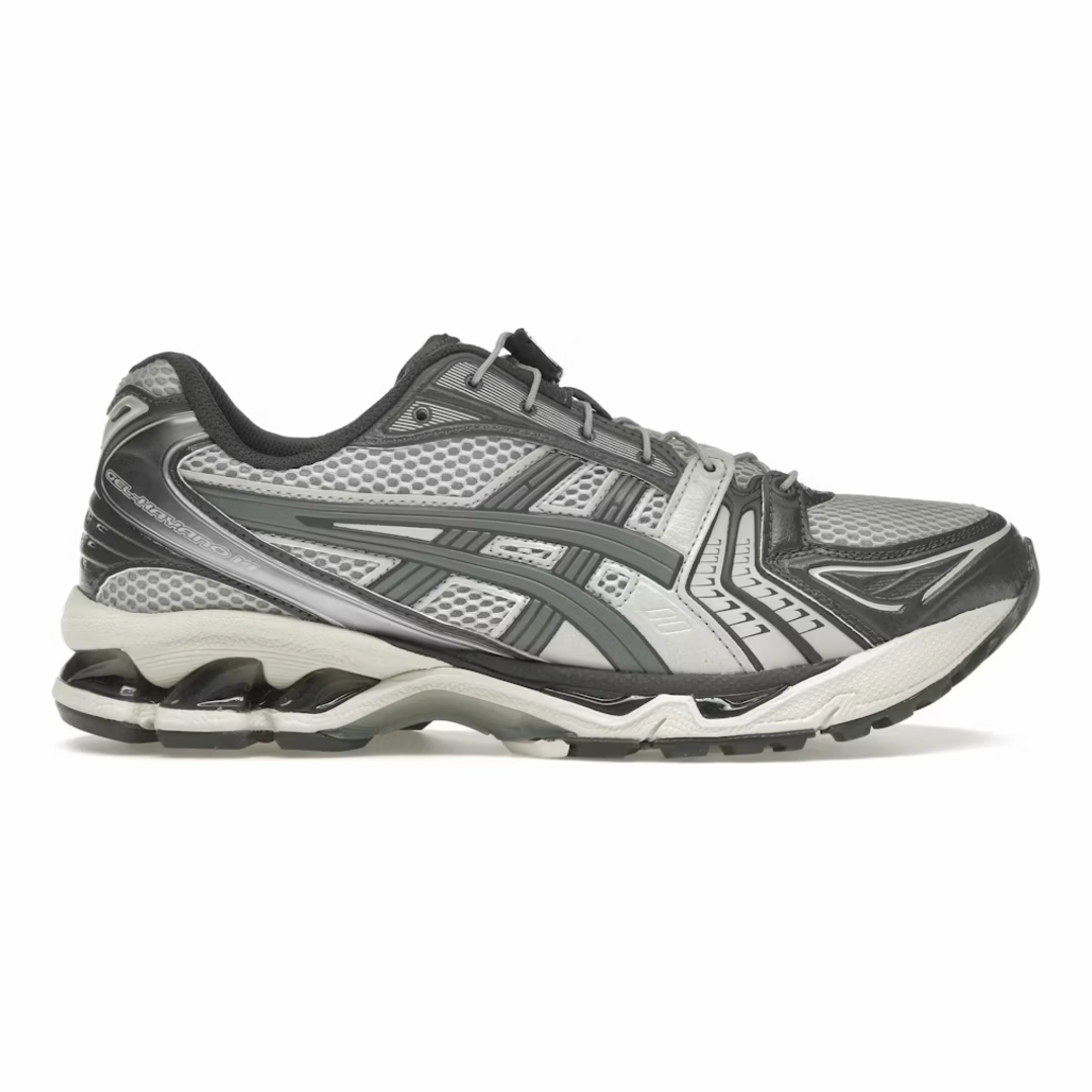 running in narrow tracks shoes Shock Damping ASICS Gel-Kayano 14 Unlimited Pack Oyster Grey