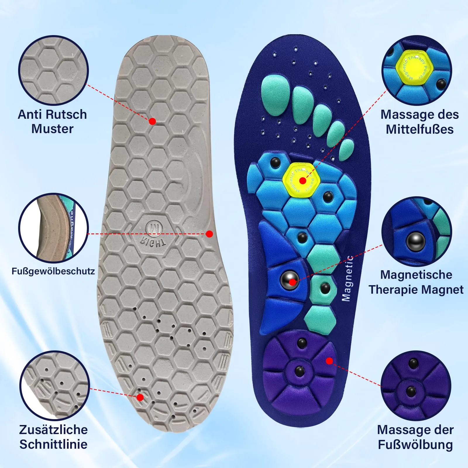 Audasi Magnetic Insoles for Weight Loss, Massage Shoe Insoles Acupuncture Shoe Insoles Orthopedic for Men and Women Plantar Fasciitis Reflexology Acupressure Insoles (M) Blue