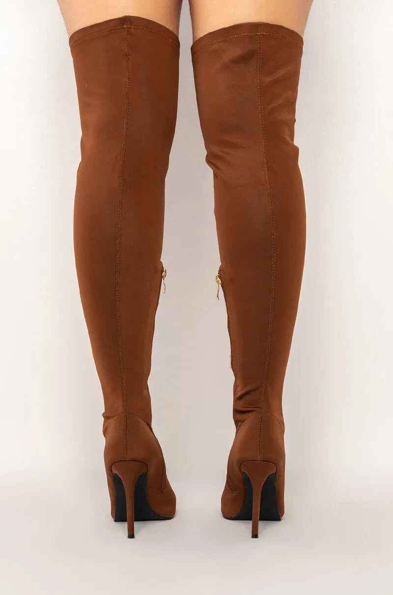 AZALEA WANG EMORY THIGH HIGH STILETTO BOOT IN BROWN STRETCH