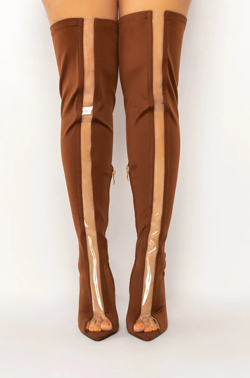 AZALEA WANG EMORY THIGH HIGH STILETTO BOOT IN BROWN STRETCH