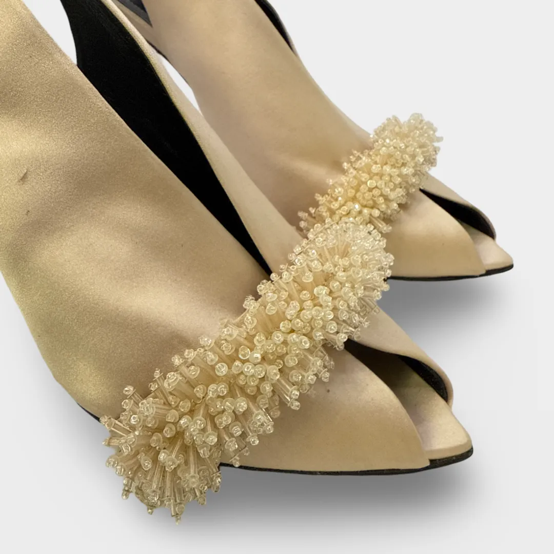 Balenciaga Beige Satin High Heels with beads