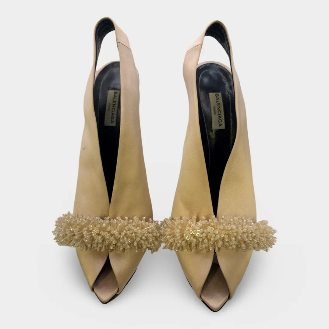 Balenciaga Beige Satin High Heels with beads