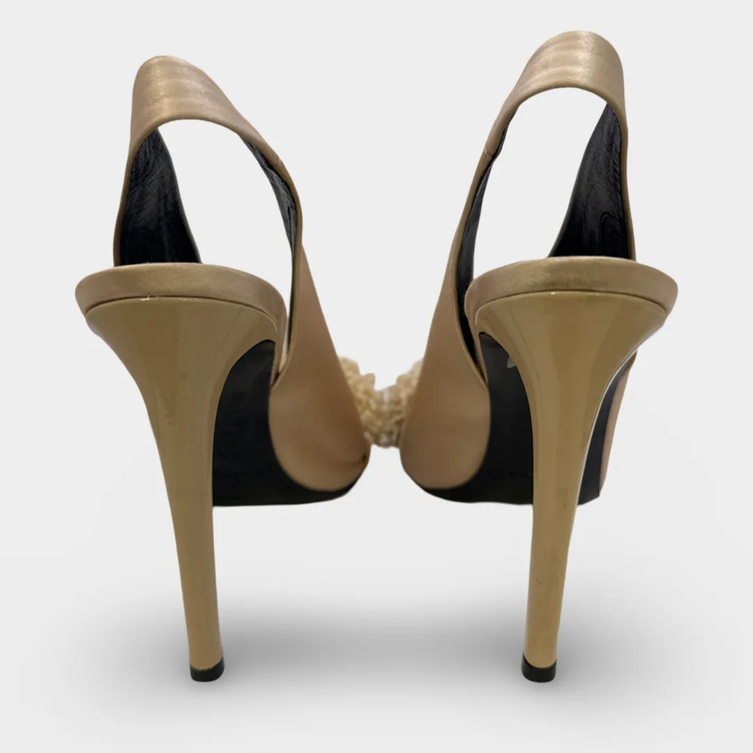 Balenciaga Beige Satin High Heels with beads
