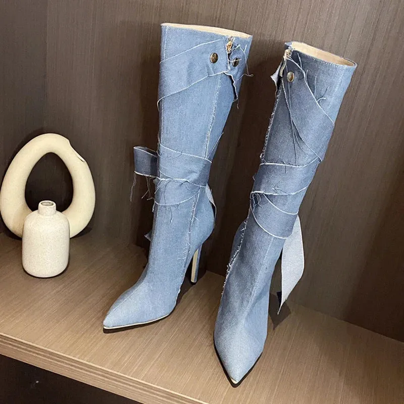 binfenxie  -  Fashion Design Blue Denim Butterfly Knot Women Knee High Boots Sexy Pointed Toe Stiletto Heels Party Shoes Zip Booties