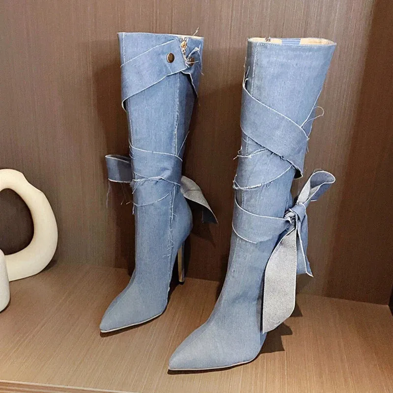 binfenxie  -  Fashion Design Blue Denim Butterfly Knot Women Knee High Boots Sexy Pointed Toe Stiletto Heels Party Shoes Zip Booties