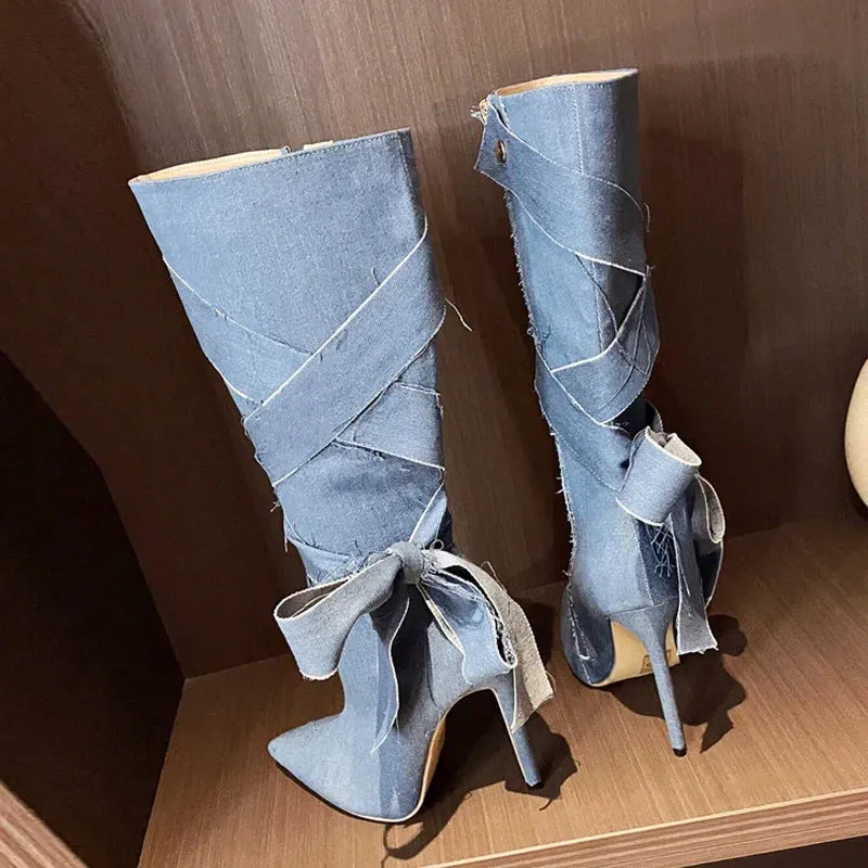 binfenxie  -  Fashion Design Blue Denim Butterfly Knot Women Knee High Boots Sexy Pointed Toe Stiletto Heels Party Shoes Zip Booties