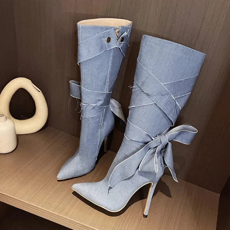 binfenxie  -  Fashion Design Blue Denim Butterfly Knot Women Knee High Boots Sexy Pointed Toe Stiletto Heels Party Shoes Zip Booties