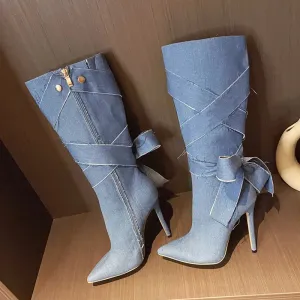 binfenxie  -  Fashion Design Blue Denim Butterfly Knot Women Knee High Boots Sexy Pointed Toe Stiletto Heels Party Shoes Zip Booties