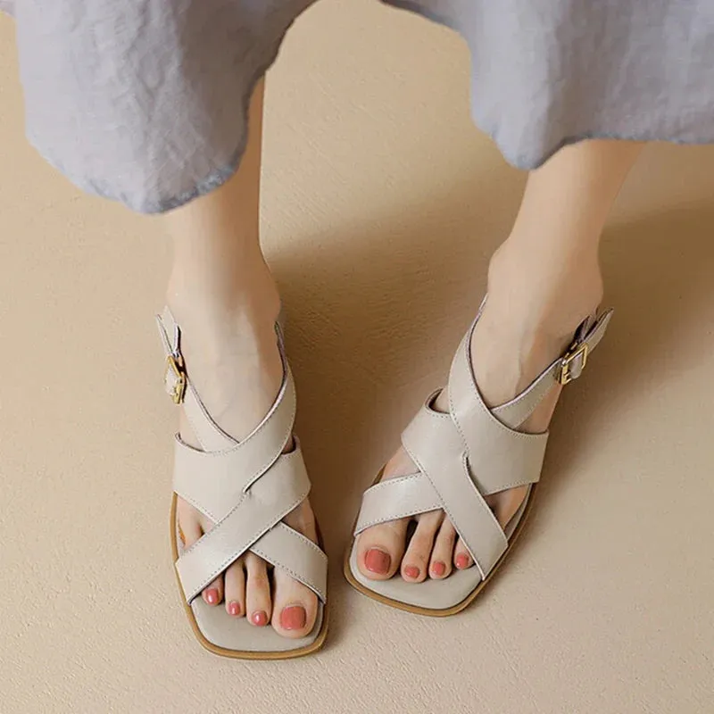 binfenxie NEW Summer Women Sandals Genuine Leather Shoes for Women Square Toe Chunky Heel Shoes Open Toe Narrow Band Gladiator Black Shoes