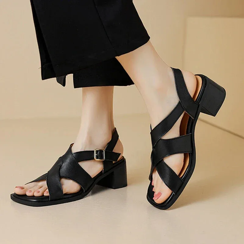 binfenxie NEW Summer Women Sandals Genuine Leather Shoes for Women Square Toe Chunky Heel Shoes Open Toe Narrow Band Gladiator Black Shoes