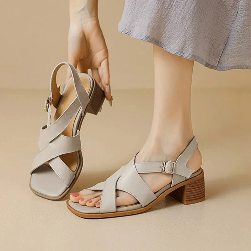 binfenxie NEW Summer Women Sandals Genuine Leather Shoes for Women Square Toe Chunky Heel Shoes Open Toe Narrow Band Gladiator Black Shoes