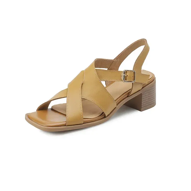 binfenxie NEW Summer Women Sandals Genuine Leather Shoes for Women Square Toe Chunky Heel Shoes Open Toe Narrow Band Gladiator Black Shoes