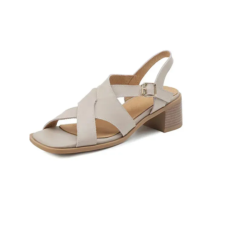binfenxie NEW Summer Women Sandals Genuine Leather Shoes for Women Square Toe Chunky Heel Shoes Open Toe Narrow Band Gladiator Black Shoes