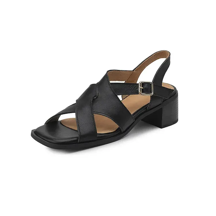binfenxie NEW Summer Women Sandals Genuine Leather Shoes for Women Square Toe Chunky Heel Shoes Open Toe Narrow Band Gladiator Black Shoes