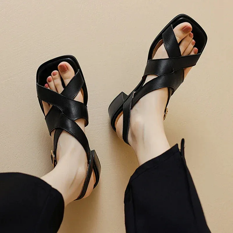 binfenxie NEW Summer Women Sandals Genuine Leather Shoes for Women Square Toe Chunky Heel Shoes Open Toe Narrow Band Gladiator Black Shoes