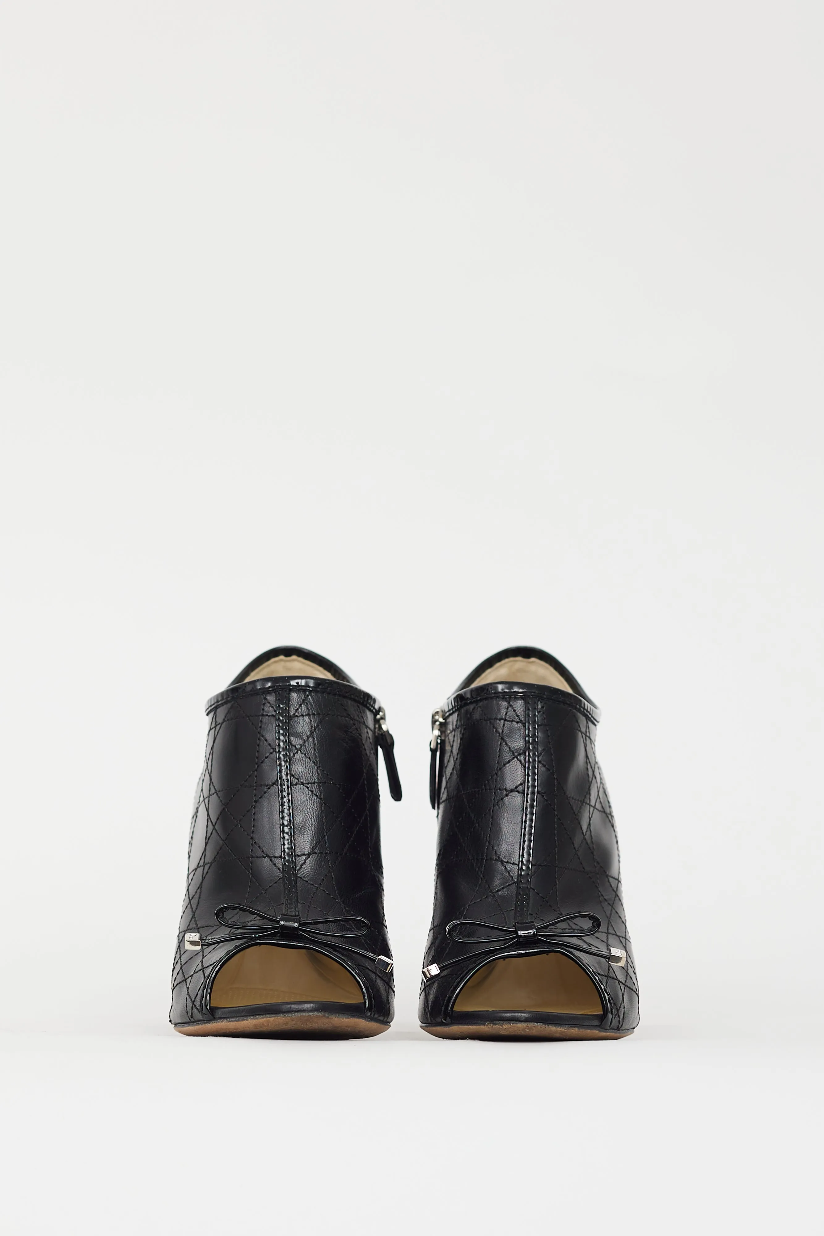Black Cannage Leather Peep Toe Bootie