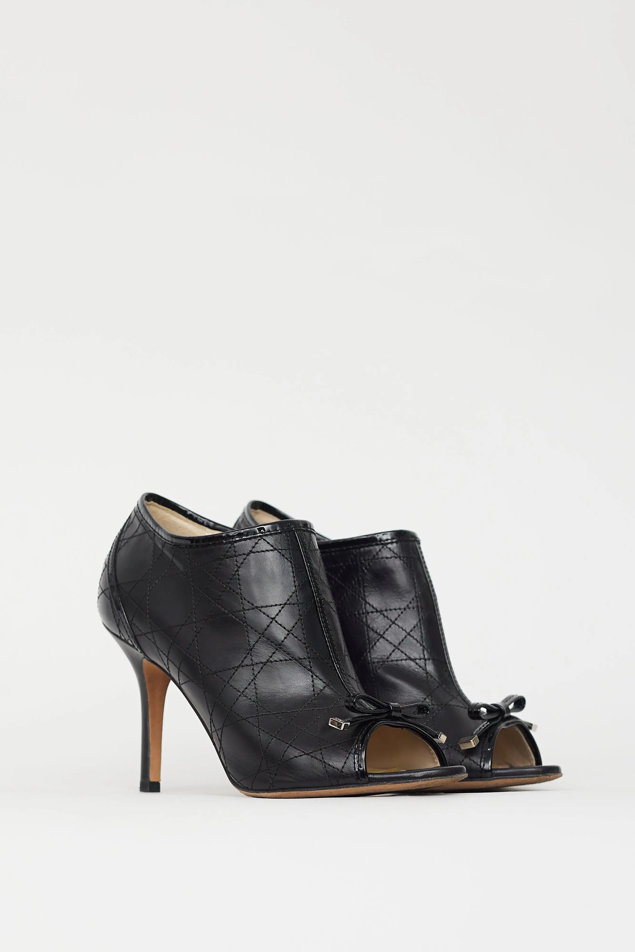 Black Cannage Leather Peep Toe Bootie