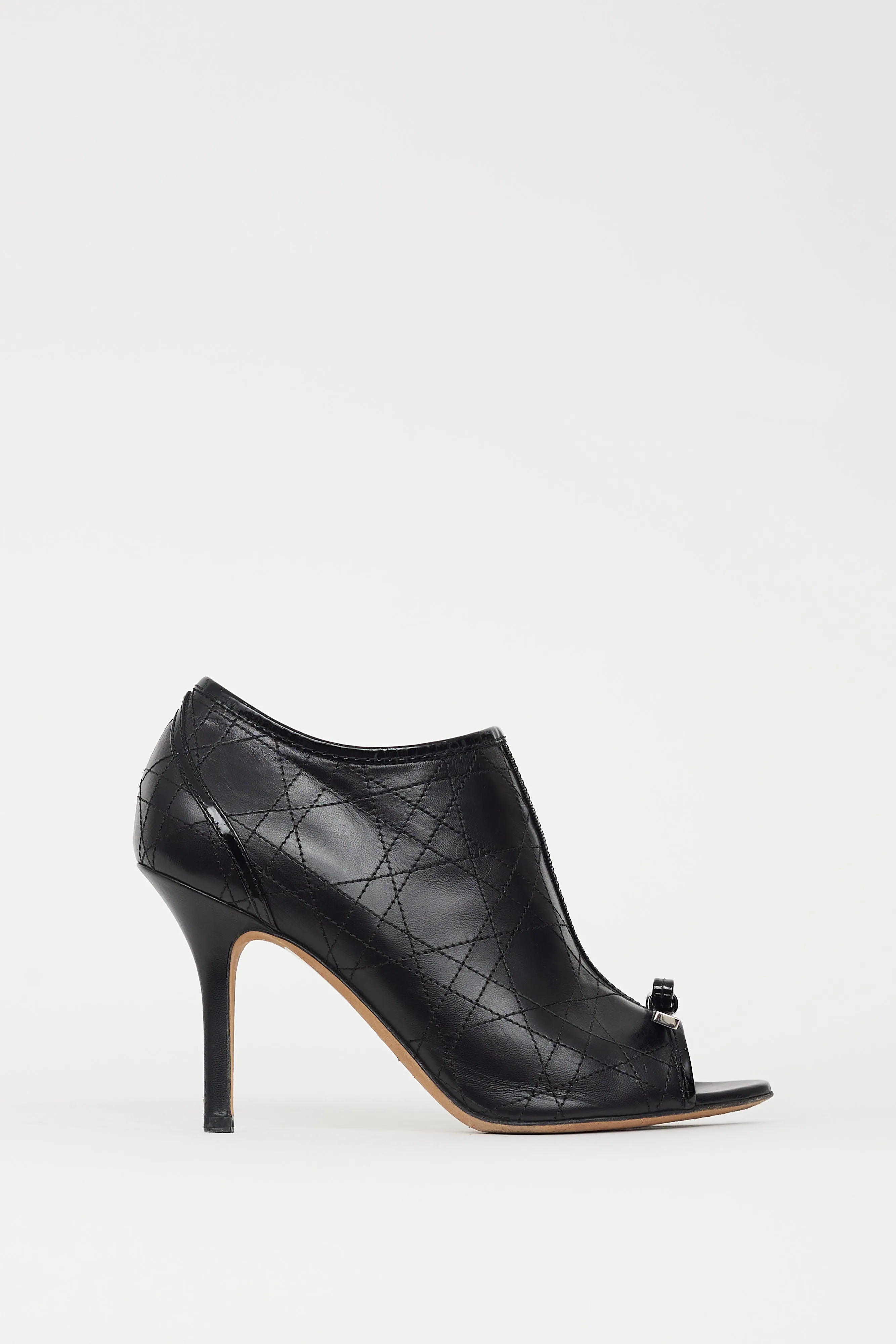 Black Cannage Leather Peep Toe Bootie
