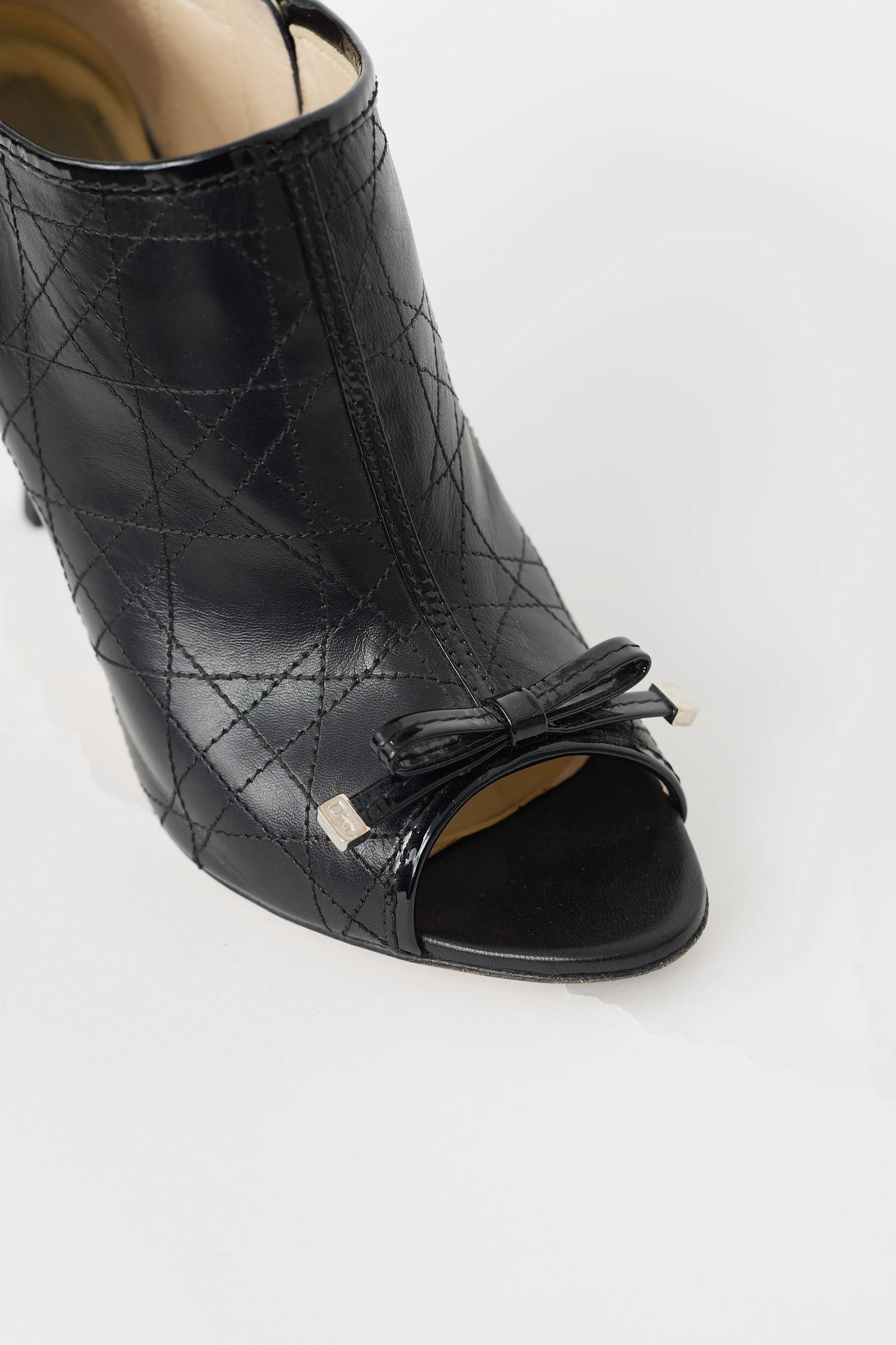 Black Cannage Leather Peep Toe Bootie