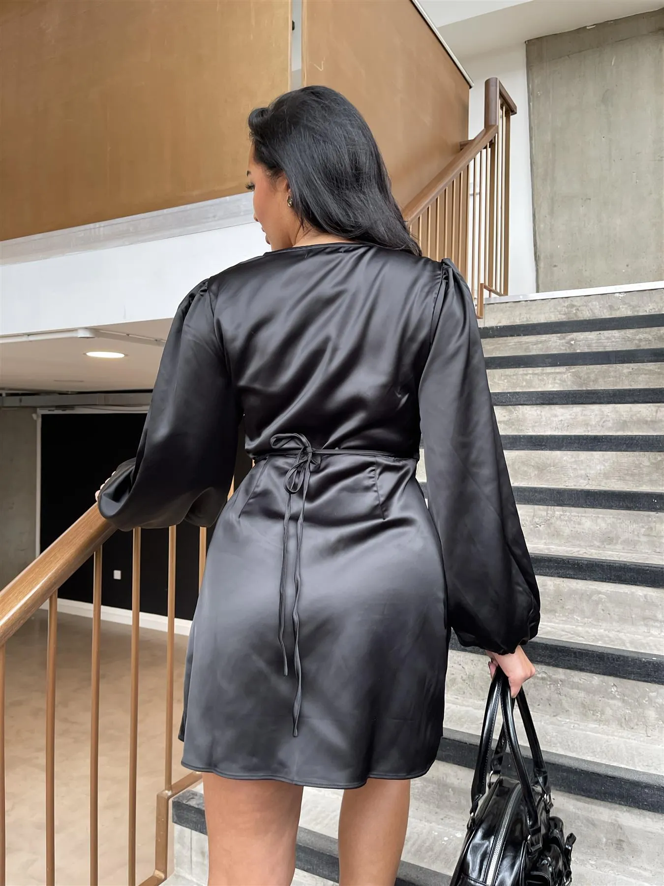 Black Satin Wrap Mini-Dress